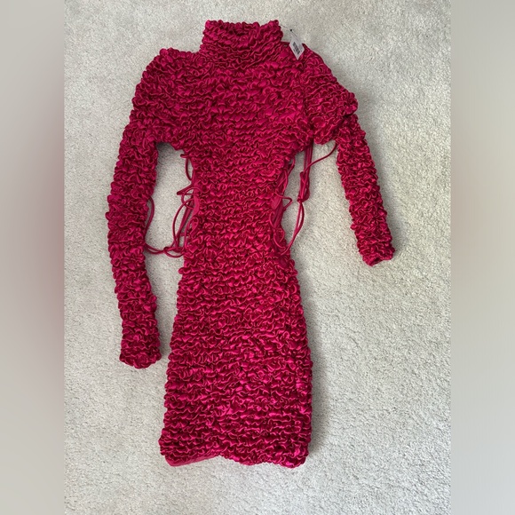 AKIRA NWT BEAUTIFUL SOUL BUBBLE STRETCH LONG SLEEVE MINI DRESS Fuschia SMALL - Picture 5 of 5